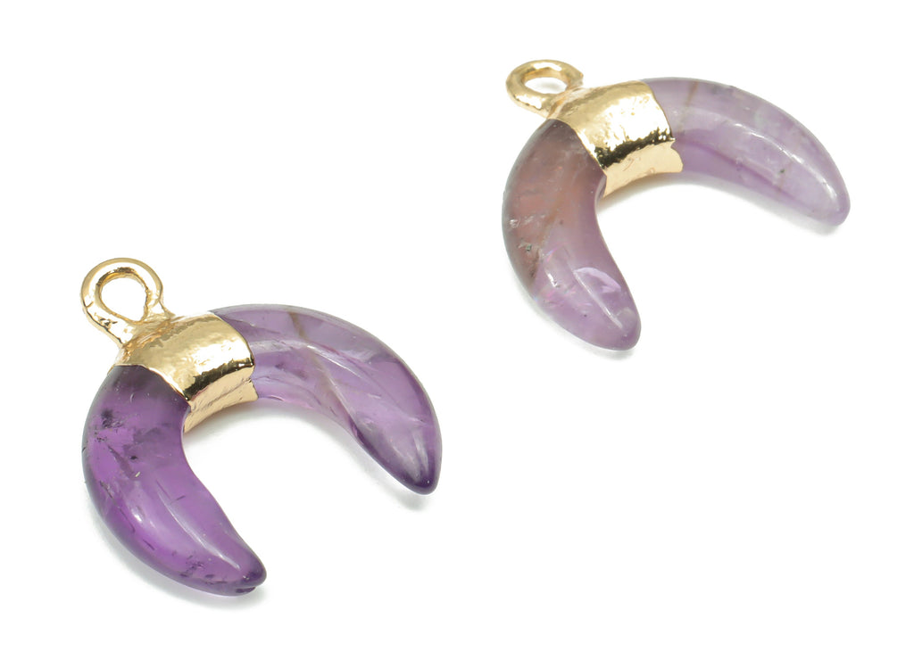 Amethyst Ox Horn Charms - Brass Crescent Pendant - Natural Stone - Gold Tone Plated Brass – Jewelry Supplies - 17.98x16.97x4.66mm – NS1686B - DOMEDBAZAAR