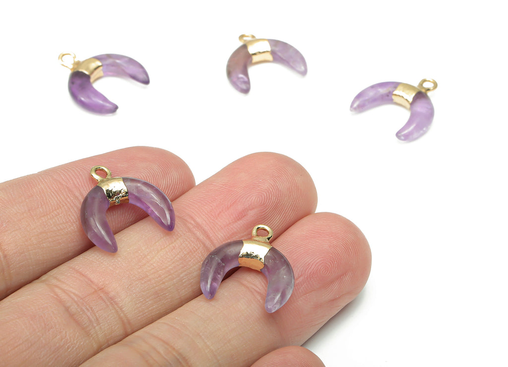 Amethyst Ox Horn Charms - Brass Crescent Pendant - Natural Stone - Gold Tone Plated Brass – Jewelry Supplies - 17.98x16.97x4.66mm – NS1686B - DOMEDBAZAAR