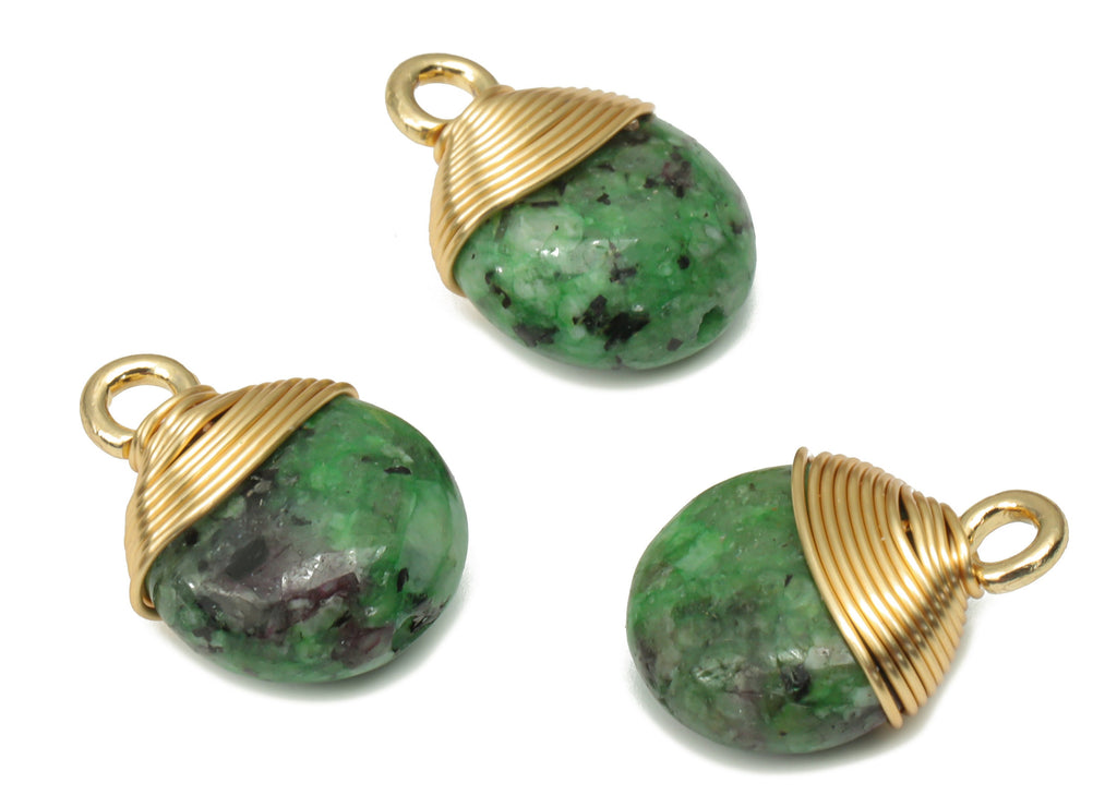 Ruby Zoisite Earring Charms - Handmade Brass Round Pendant - Wire Wrapped - Gold Tone Plated Brass – 13.79x10.33x5.98mm – NS1608C - DOMEDBAZAAR
