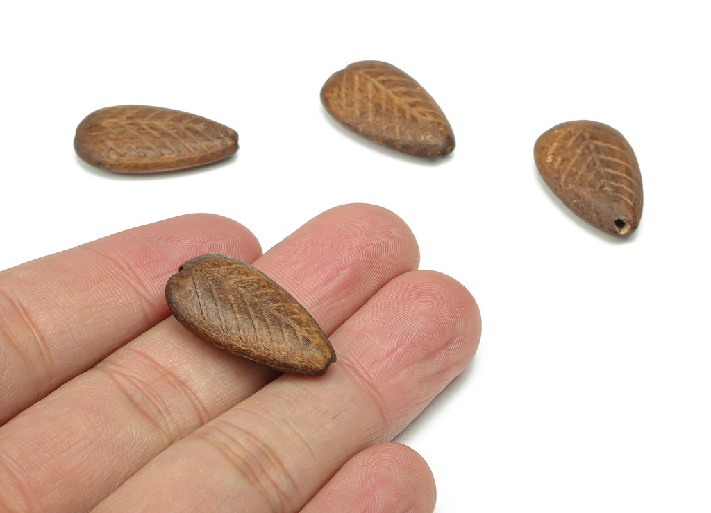 Hemu Wood Drop Leaf Earring Connector - Hemu Wood Teardrop Charms and Beads - DIY Jewelry Making Supplies - 25.22x14.66x5.52mm - BB1202 - DOMEDBAZAAR