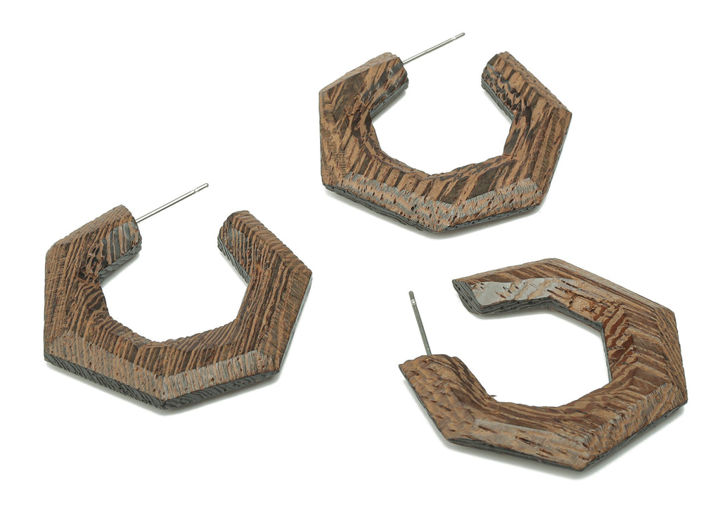 Wenge Wood Open Hoop Earring Stud - Wenge Wood Polygon Post - Stainless Steel Stud - Jewelry Making Supplies - 34.6x34.21x3.91mm - BB1214B - DOMEDBAZAAR