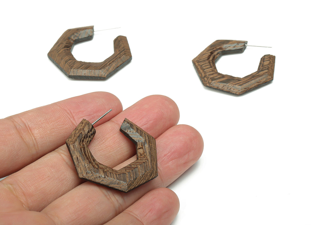 Wenge Wood Open Hoop Earring Stud - Wenge Wood Polygon Post - Stainless Steel Stud - Jewelry Making Supplies - 34.6x34.21x3.91mm - BB1214B - DOMEDBAZAAR