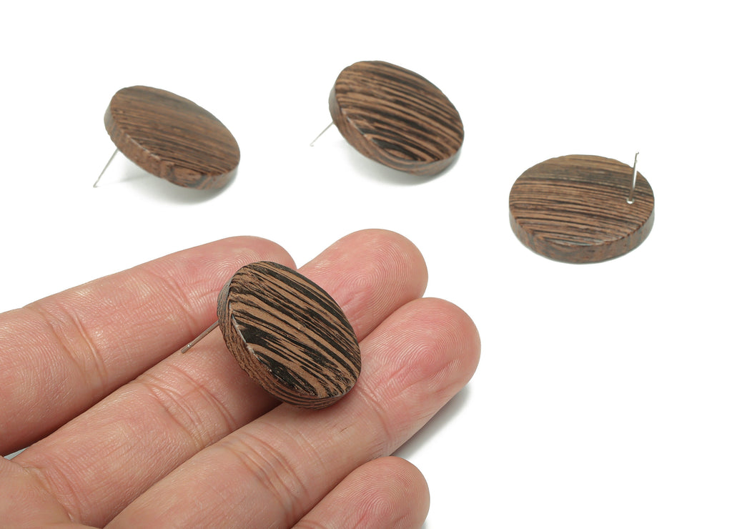 Wenge Wood Round Earring Stud - Wenge Wood Circle Earring Post - Stainless Steel Stud - Jewelry Supplies - 24.99x24.99x5.15mm - BB1215 - DOMEDBAZAAR