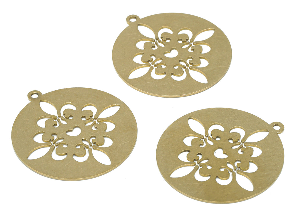 Brass Round Flower Earring Charms - Raw Brass Heart Circle Pendant - DIY Jewelry Making Supplies - 34.88x31.84x0.65mm - PPA2589 - DOMEDBAZAAR