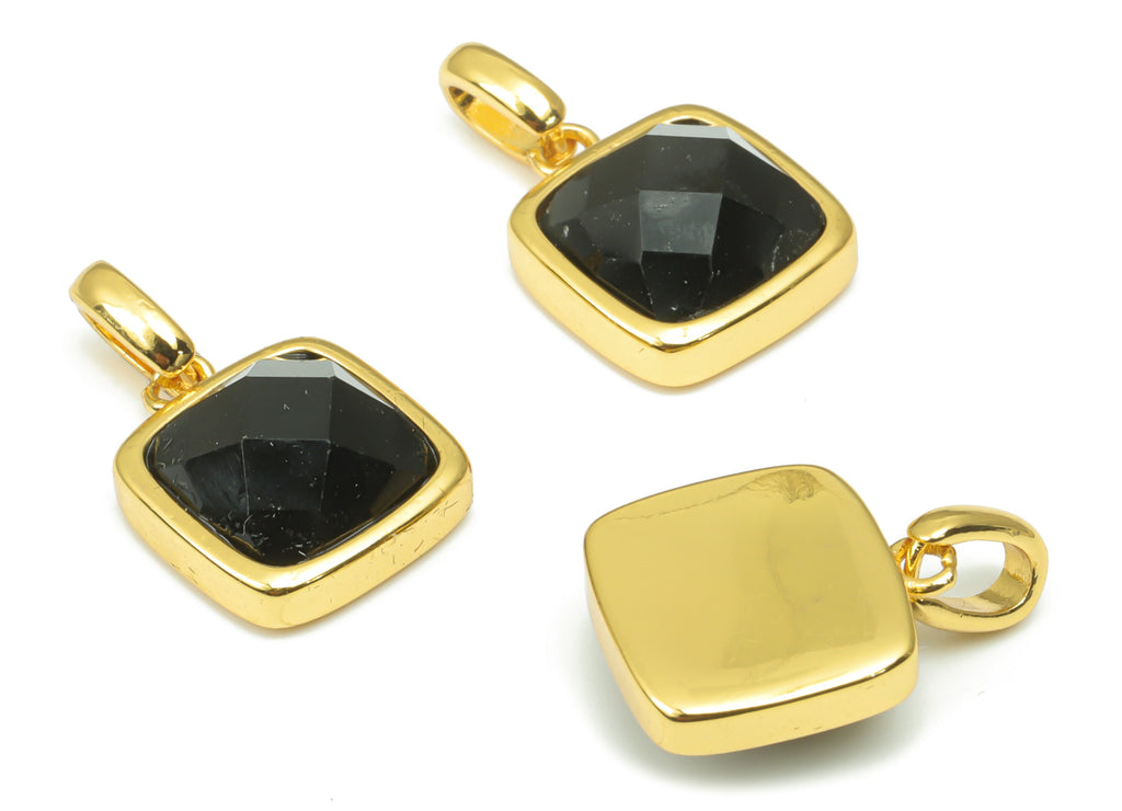 Obsidian Faceted Square Earring Charms - 11mm Natural Stone - Brass Square Pendant - Gold Tone Plated Brass – 18.84x11.65x5.75mm – NS1672C - DOMEDBAZAAR