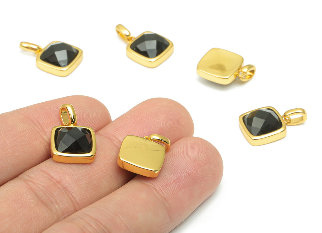 Obsidian Faceted Square Earring Charms - 11mm Natural Stone - Brass Square Pendant - Gold Tone Plated Brass – 18.84x11.65x5.75mm – NS1672C - DOMEDBAZAAR