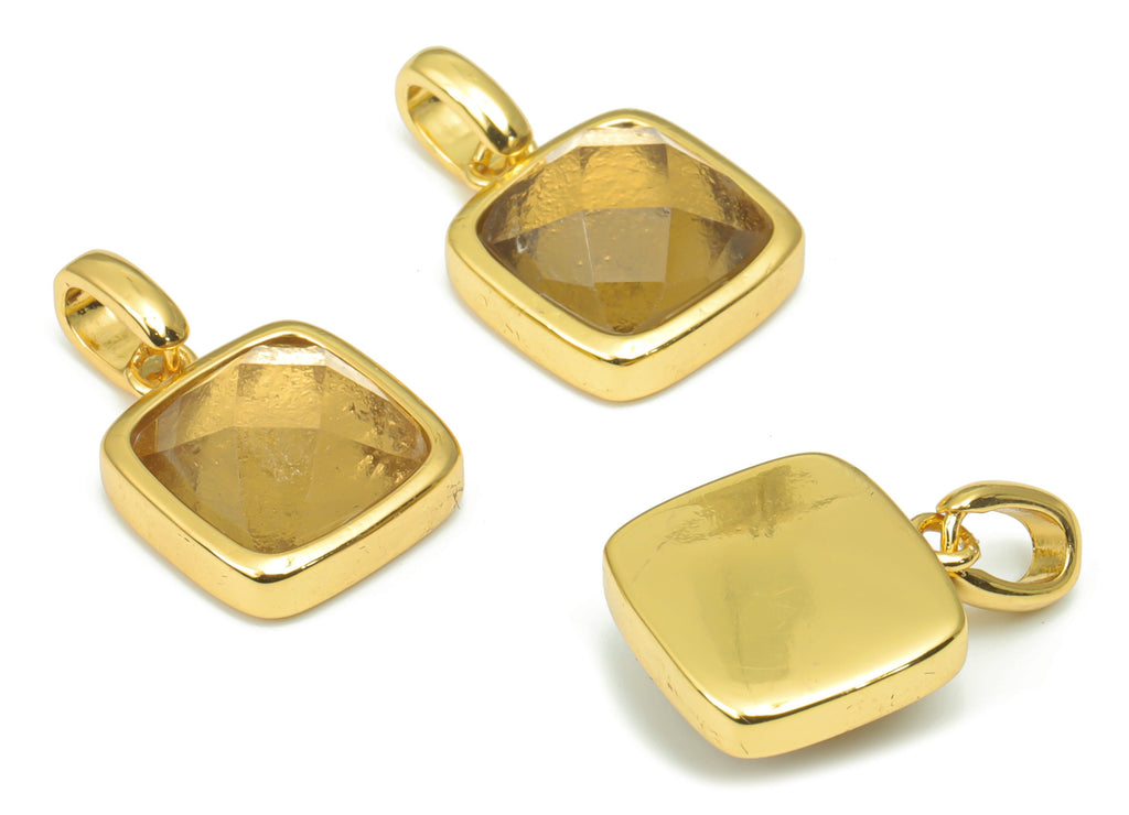 Smoky Quartz Faceted Square Earring Charms - 11mm Natural Stone - Brass Square Pendant - Gold Tone Plated Brass – 18.84x11.7x5.8mm – NS1672H - DOMEDBAZAAR