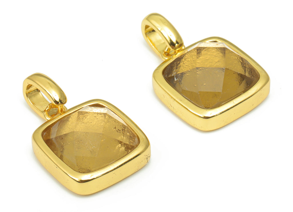 Smoky Quartz Faceted Square Earring Charms - 11mm Natural Stone - Brass Square Pendant - Gold Tone Plated Brass – 18.84x11.7x5.8mm – NS1672H - DOMEDBAZAAR