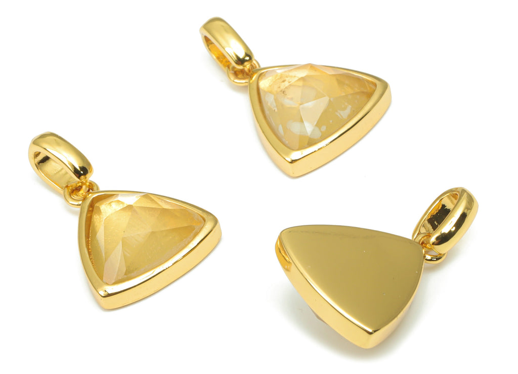 Lemon Citrine Faceted Triangle Charms With Loop - 11mm Natural Stone - Brass Triangle Pendant - Gold Tone Plated Brass – 20x12x6mm – NS1668K - DOMEDBAZAAR