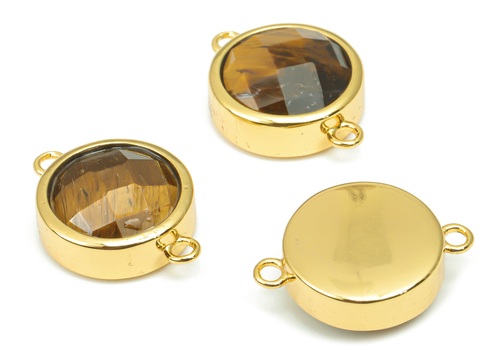 Tiger&#39;s-eye Faceted Round Connectors - 10mm Natural Stone - Brass Circle Charms - Gold Tone Plated Brass – 17.68x12.83x6.04mm – NS1667F - DOMEDBAZAAR