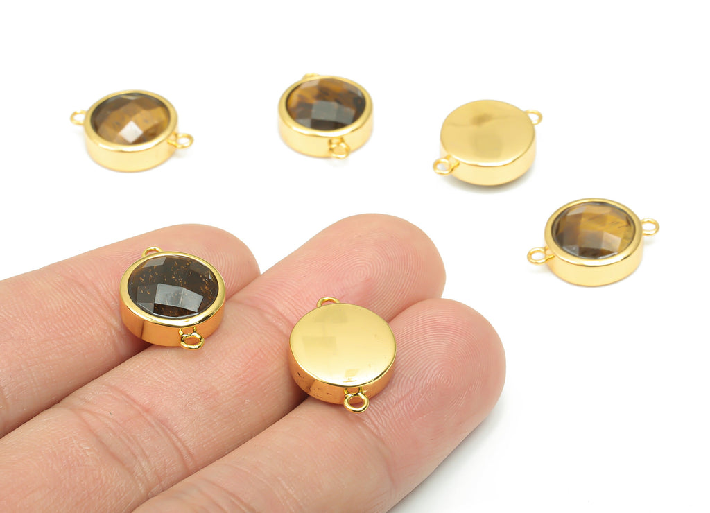 Tiger&#39;s-eye Faceted Round Connectors - 10mm Natural Stone - Brass Circle Charms - Gold Tone Plated Brass – 17.68x12.83x6.04mm – NS1667F - DOMEDBAZAAR