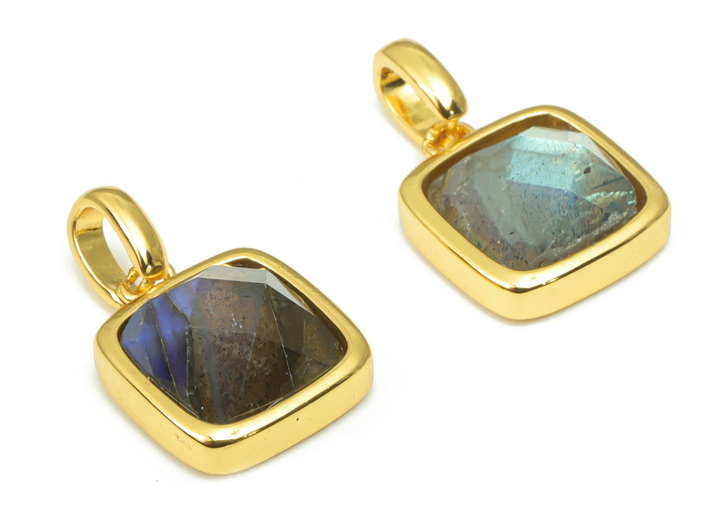 Labradorite Faceted Square Earring Charms - 11mm Natural Stone - Brass Square Pendant - Gold Tone Plated Brass – 18.84x11.65x5.8mm – NS1672L - DOMEDBAZAAR