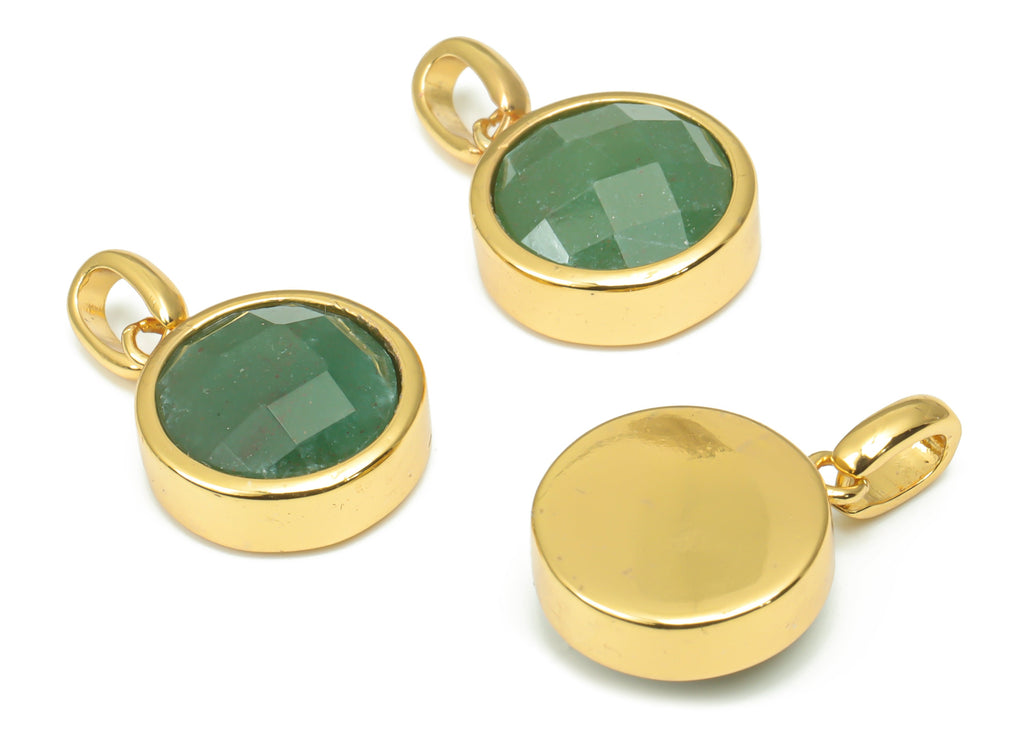 Green Aventurine Natural Stone Faceted Round Charms With Loop - Brass Circle Pendant - Gold Tone Plated Brass – 20.07x12.71x5.9mm – NS1666F - DOMEDBAZAAR
