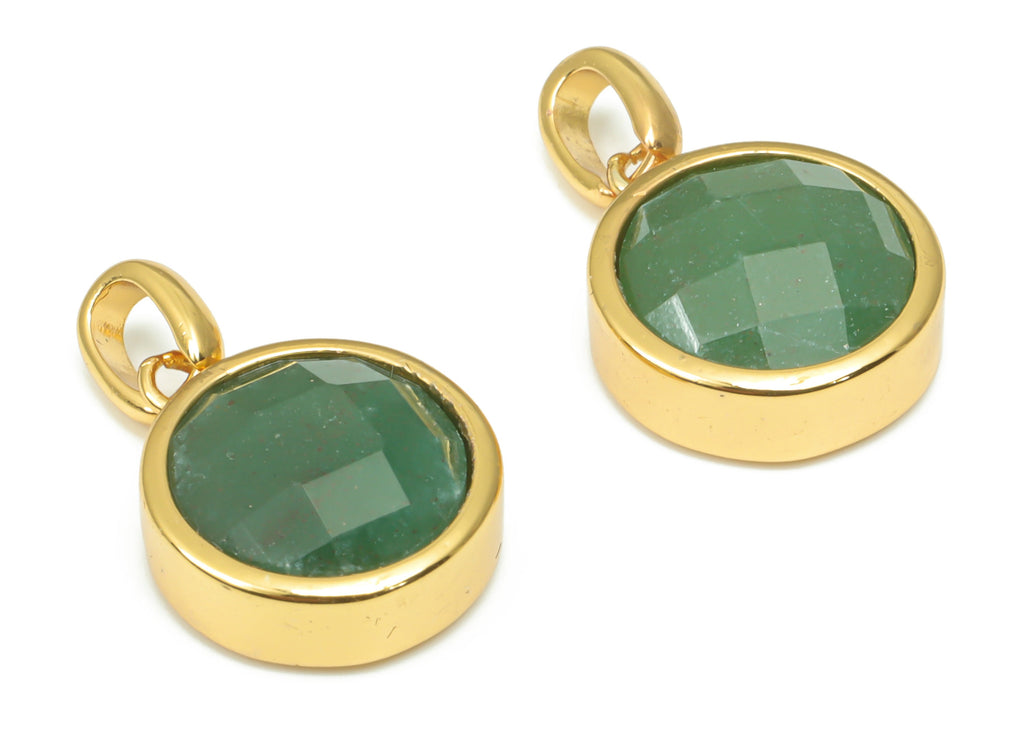 Green Aventurine Natural Stone Faceted Round Charms With Loop - Brass Circle Pendant - Gold Tone Plated Brass – 20.07x12.71x5.9mm – NS1666F - DOMEDBAZAAR
