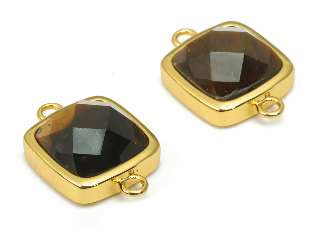 Tiger&#39;s-eye Faceted Square Earring Connectors - 11mm Natural Stone - Brass Square Charms - Gold Tone Plated Brass – 16.5x11.4x5.9mm– NS1673F - DOMEDBAZAAR