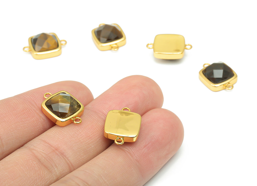 Tiger&#39;s-eye Faceted Square Earring Connectors - 11mm Natural Stone - Brass Square Charms - Gold Tone Plated Brass – 16.5x11.4x5.9mm– NS1673F - DOMEDBAZAAR