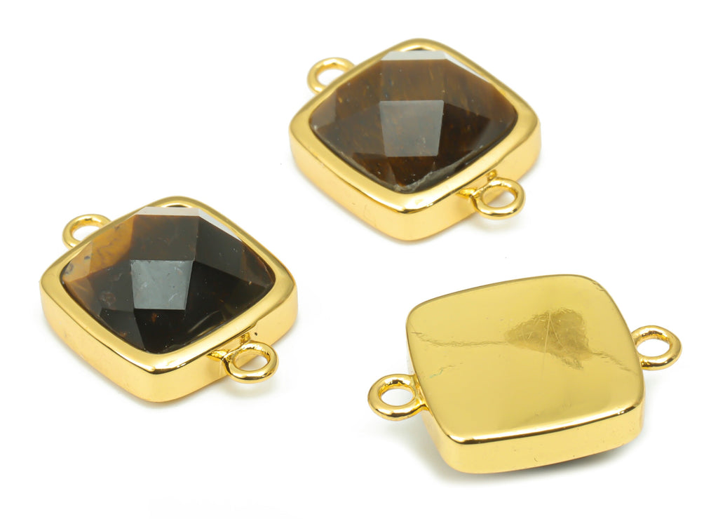 Tiger&#39;s-eye Faceted Square Earring Connectors - 11mm Natural Stone - Brass Square Charms - Gold Tone Plated Brass – 16.5x11.4x5.9mm– NS1673F - DOMEDBAZAAR