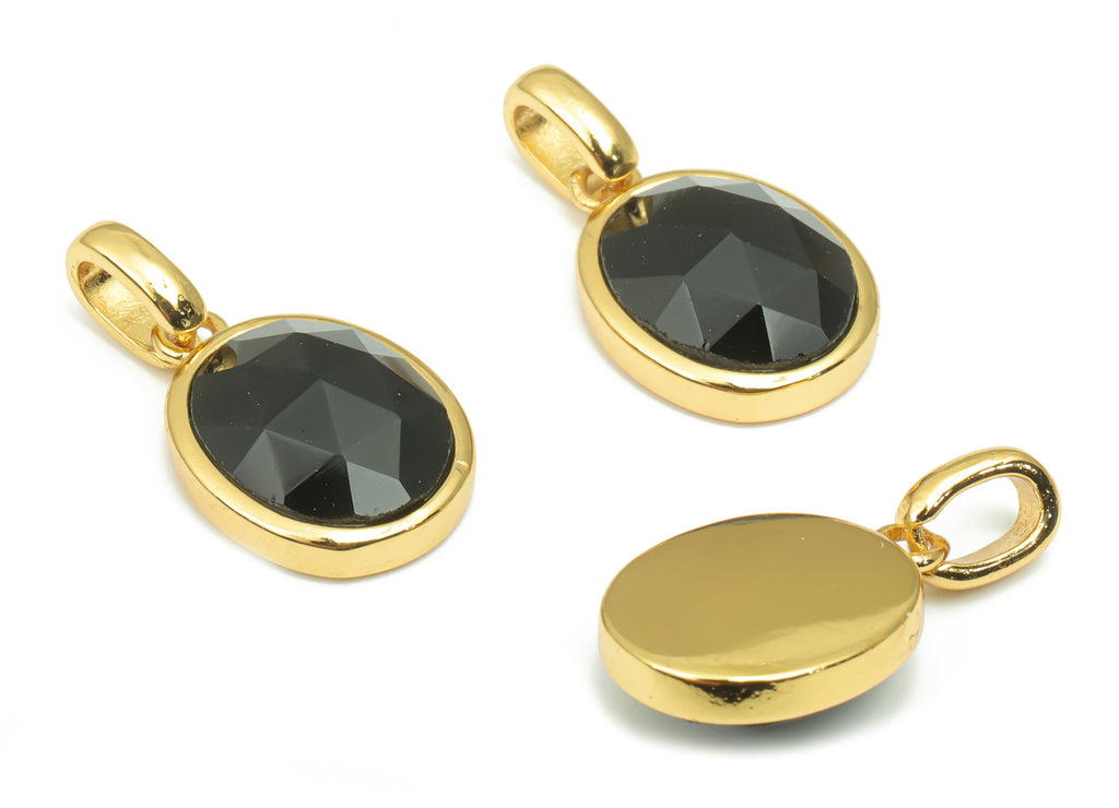 Obsidian Faceted Oval Charms With Loop - 10x12mm Natural Stone - Brass Oval Pendant - Gold Tone Plated Brass – 20.33x10.85x4.92mm – NS1670C - DOMEDBAZAAR