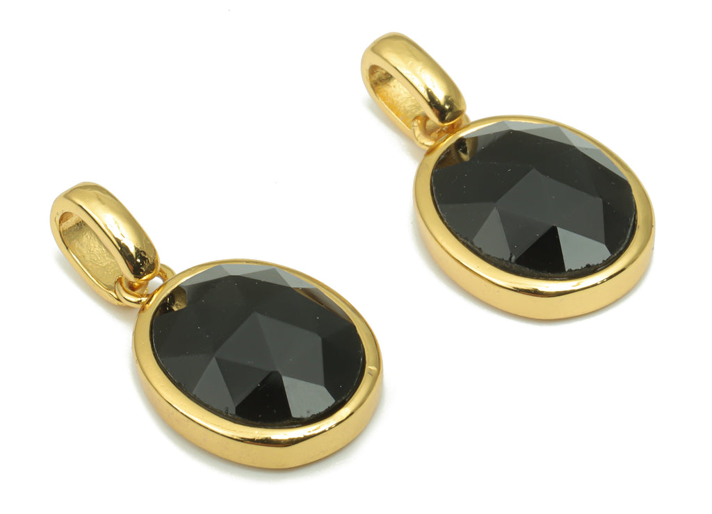 Obsidian Faceted Oval Charms With Loop - 10x12mm Natural Stone - Brass Oval Pendant - Gold Tone Plated Brass – 20.33x10.85x4.92mm – NS1670C - DOMEDBAZAAR