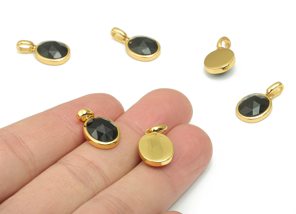Obsidian Faceted Oval Charms With Loop - 10x12mm Natural Stone - Brass Oval Pendant - Gold Tone Plated Brass – 20.33x10.85x4.92mm – NS1670C - DOMEDBAZAAR