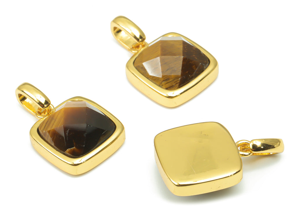 Tiger&#39;s-eye Faceted Square Earring Charms - 11mm Natural Stone - Brass Square Pendant - Gold Tone Plated Brass – 18.84x11.65x5.8mm – NS1672F - DOMEDBAZAAR