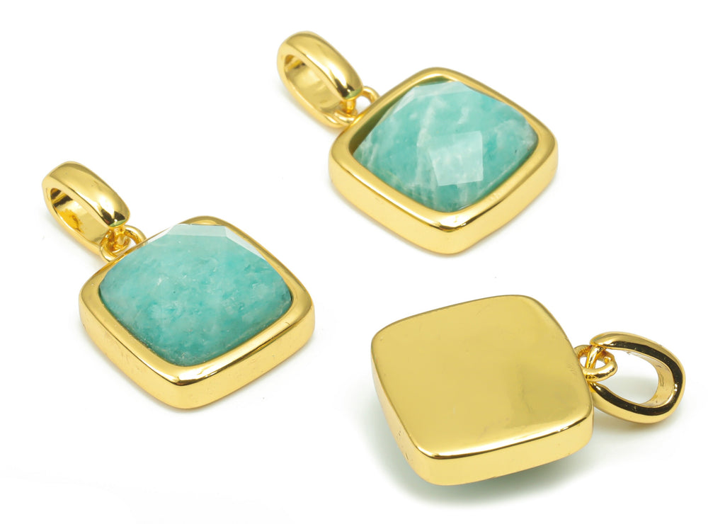 Amazonite Faceted Square Earring Charms - 11mm Natural Stone - Brass Square Pendant - Gold Tone Plated Brass – 18.84x11.65x5.75mm – NS1672J - DOMEDBAZAAR