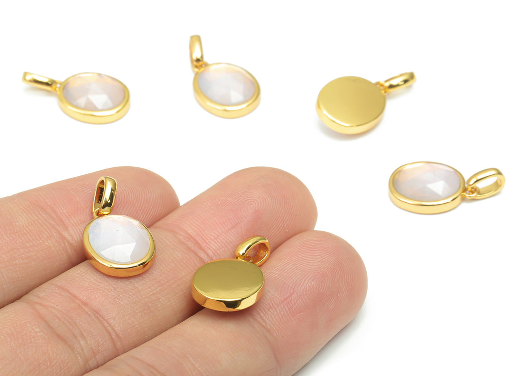 Opalite Faceted Oval Charms With Loop  - 10x12mm Natural Stone - Brass Oval Pendant - Gold Tone Plated Brass – 20.3x10.9x4.9mm – NS1670E - DOMEDBAZAAR