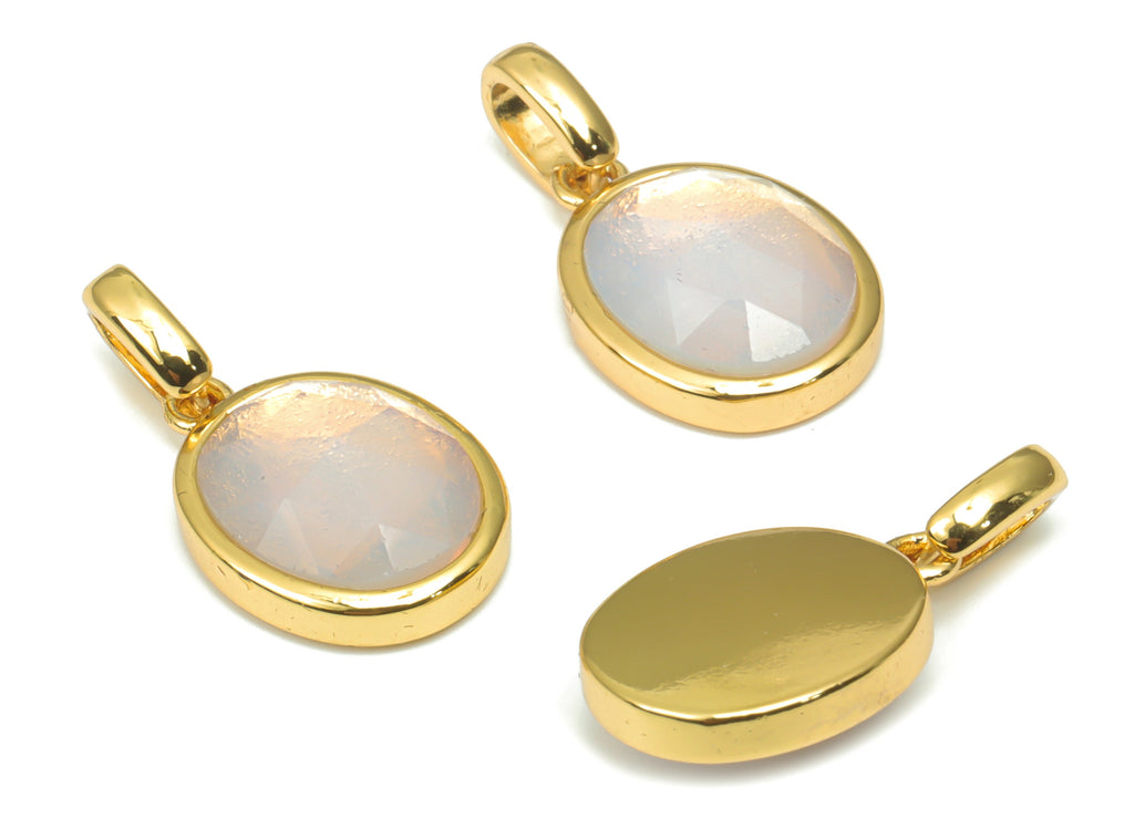 Opalite Faceted Oval Charms With Loop  - 10x12mm Natural Stone - Brass Oval Pendant - Gold Tone Plated Brass – 20.3x10.9x4.9mm – NS1670E - DOMEDBAZAAR