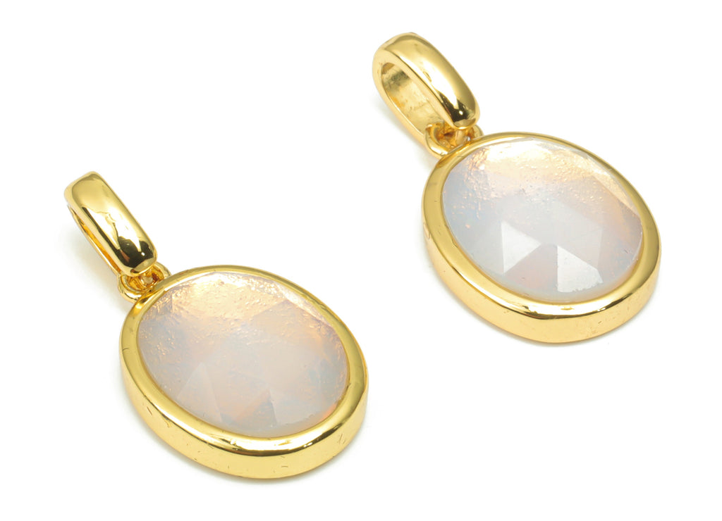 Opalite Faceted Oval Charms With Loop  - 10x12mm Natural Stone - Brass Oval Pendant - Gold Tone Plated Brass – 20.3x10.9x4.9mm – NS1670E - DOMEDBAZAAR