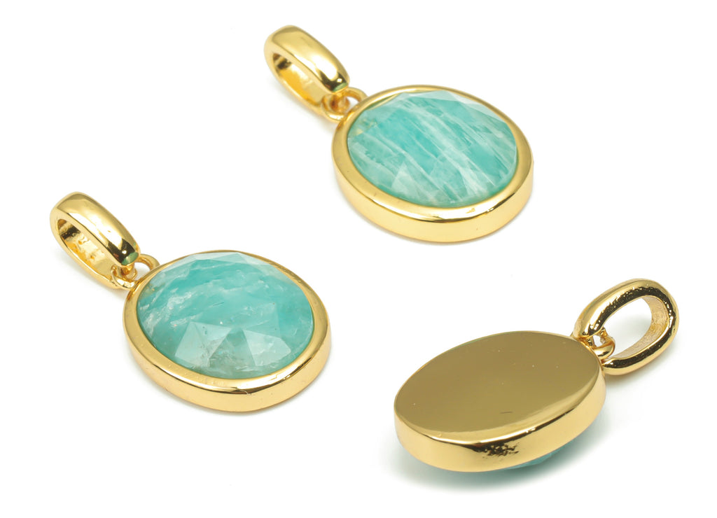 Amazonite Faceted Oval Charms With Loop - 10x12mm Natural Stone - Brass Oval Pendant - Gold Tone Plated Brass – 20.33x10.85x4.92mm – NS1670J - DOMEDBAZAAR