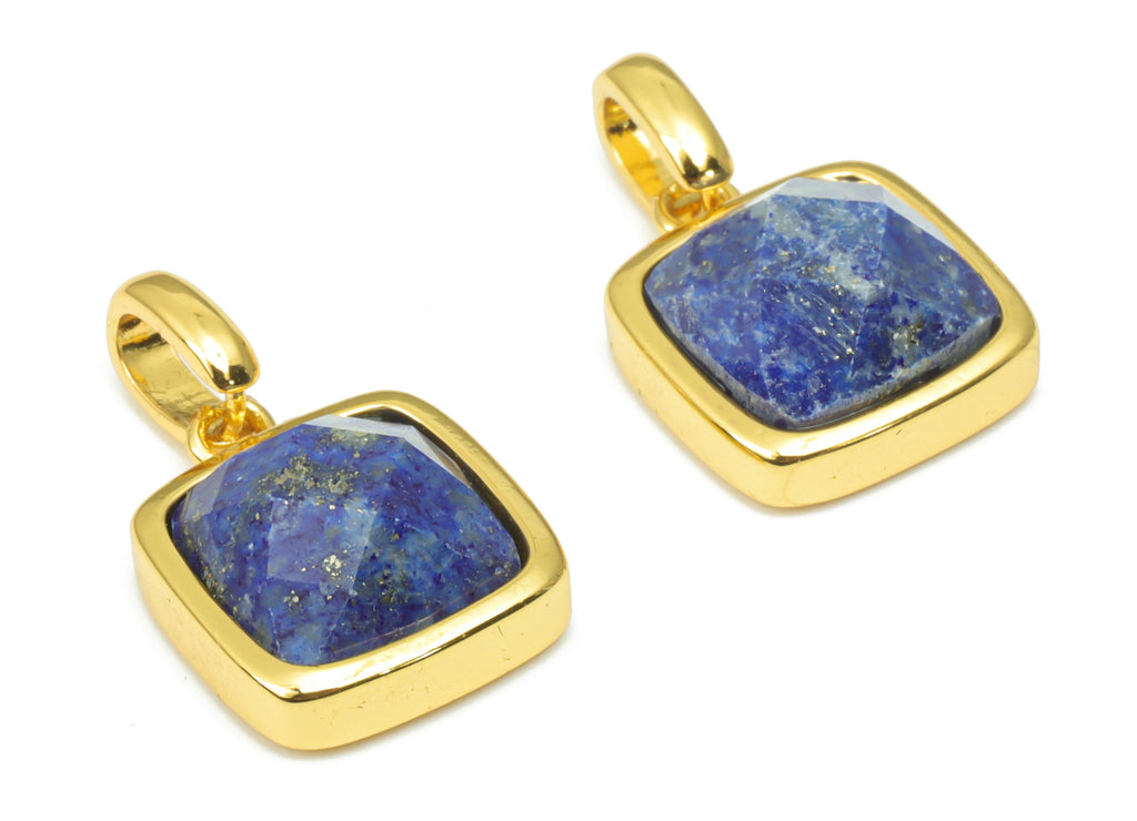 Lapis Lazuli Faceted Square Earring Charms - 11mm Natural Stone - Brass Square Pendant - Gold Tone Plated Brass – 18.84x11.7x5.8mm – NS1672A - DOMEDBAZAAR