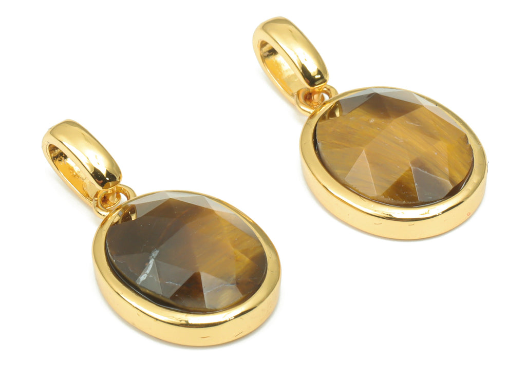 Tiger&#39;s-eye Faceted Oval Charms With Loop - 10x12mm Natural Stone - Brass Oval Pendant - Gold Tone Plated Brass – 20.33x10.9x4.9mm – NS1670F - DOMEDBAZAAR