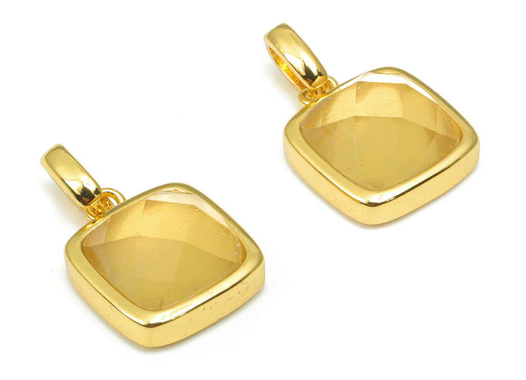 Lemon Citrine Faceted Square Earring Charms - 11mm Natural Stone - Brass Square Pendant - Gold Tone Plated Brass – 18.8x11.7x5.8mm – NS1672K - DOMEDBAZAAR