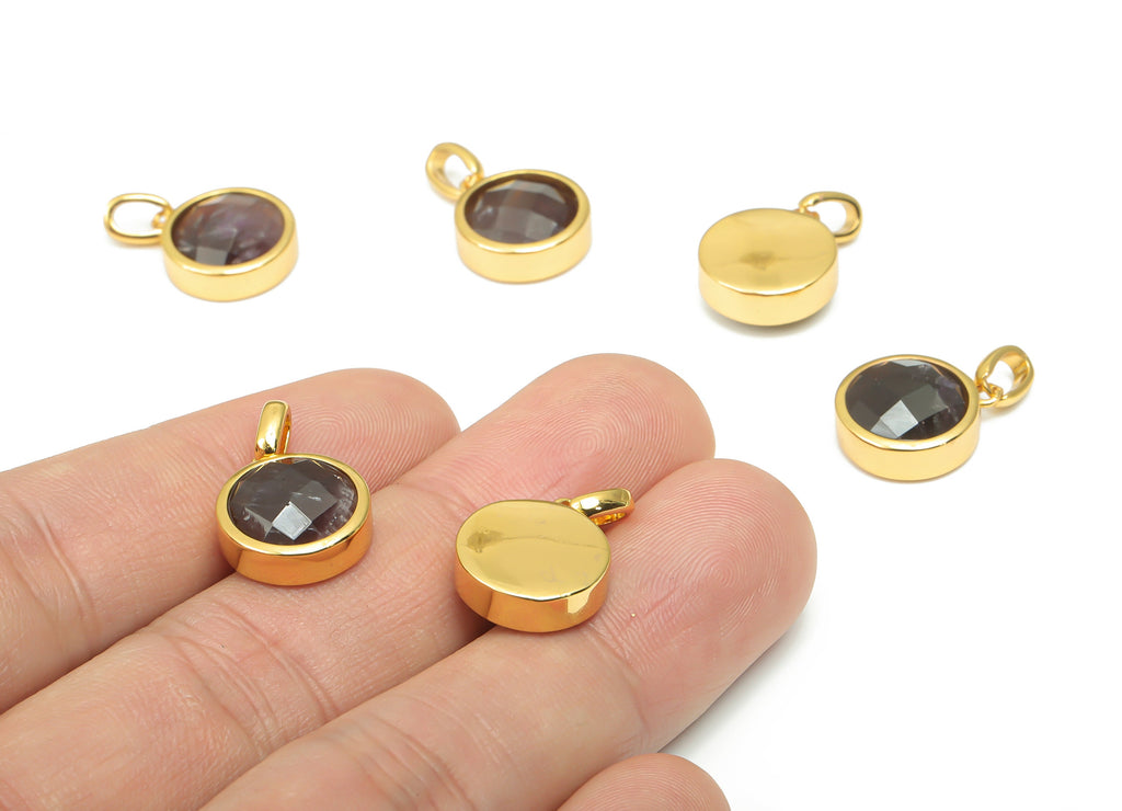 Amethyst Natural Stone Faceted Round Earring Charms With Loop - Brass Circle Pendant - Gold Tone Plated Brass – 20.07x12.71x5.9mm – NS1666B - DOMEDBAZAAR