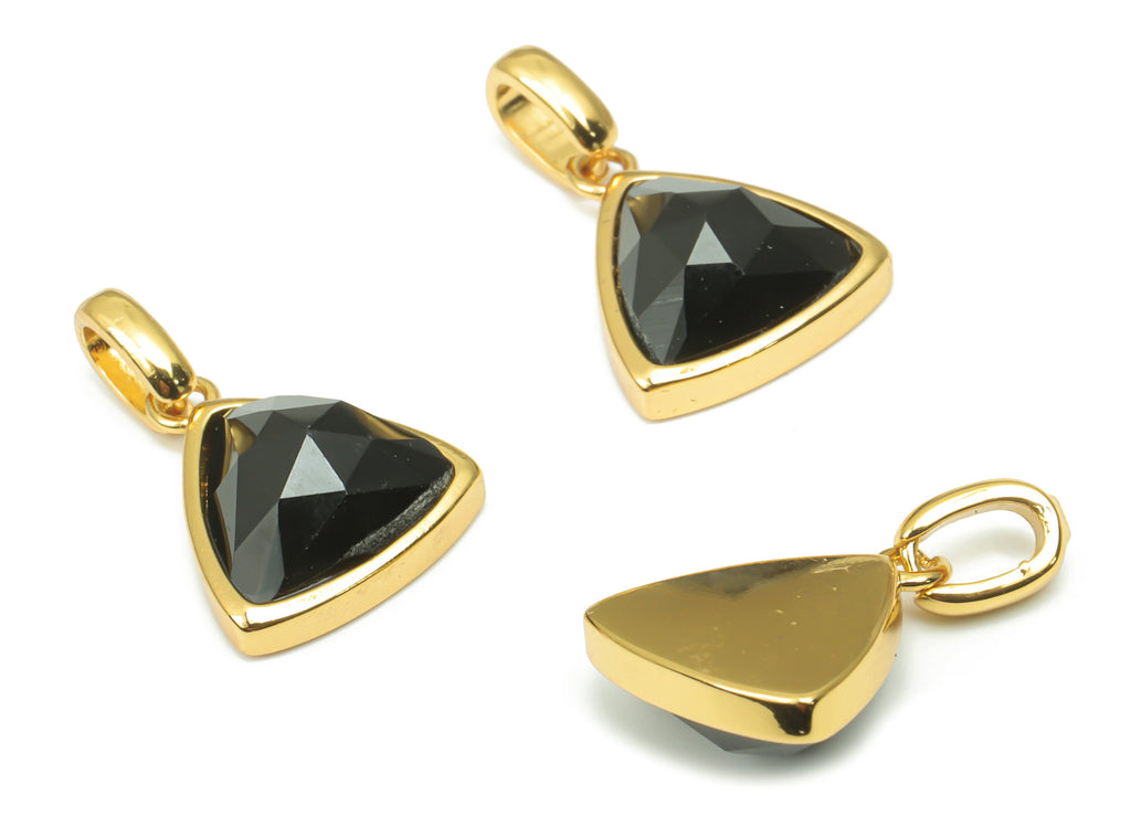 Obsidian Faceted Triangle Charms With Loop - 11mm Natural Stone - Brass Triangle Pendant - Gold Tone Plated Brass – 19.5x12.4x5.7mm– NS1668C - DOMEDBAZAAR