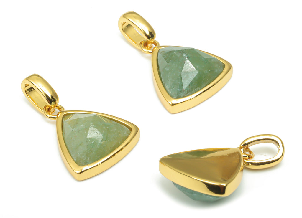Aventurine Faceted Triangle Charms With Loop - 11mm Natural Stone - Brass Triangle Pendant - Gold Tone Plated Brass – 19.48x12x6mm – NS1668G - DOMEDBAZAAR