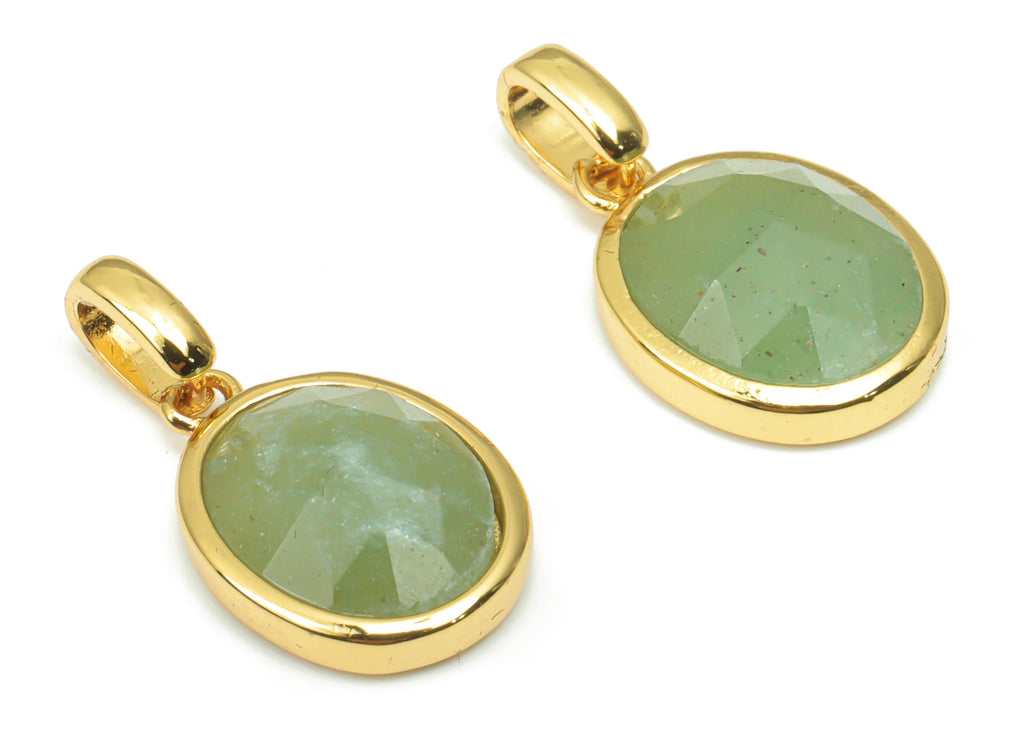 Aventurine Faceted Oval Charms With Loop - 10x12mm Natural Stone - Brass Oval Pendant - Gold Tone Plated Brass – 20.33x10.9x4.9mm – NS1670G - DOMEDBAZAAR