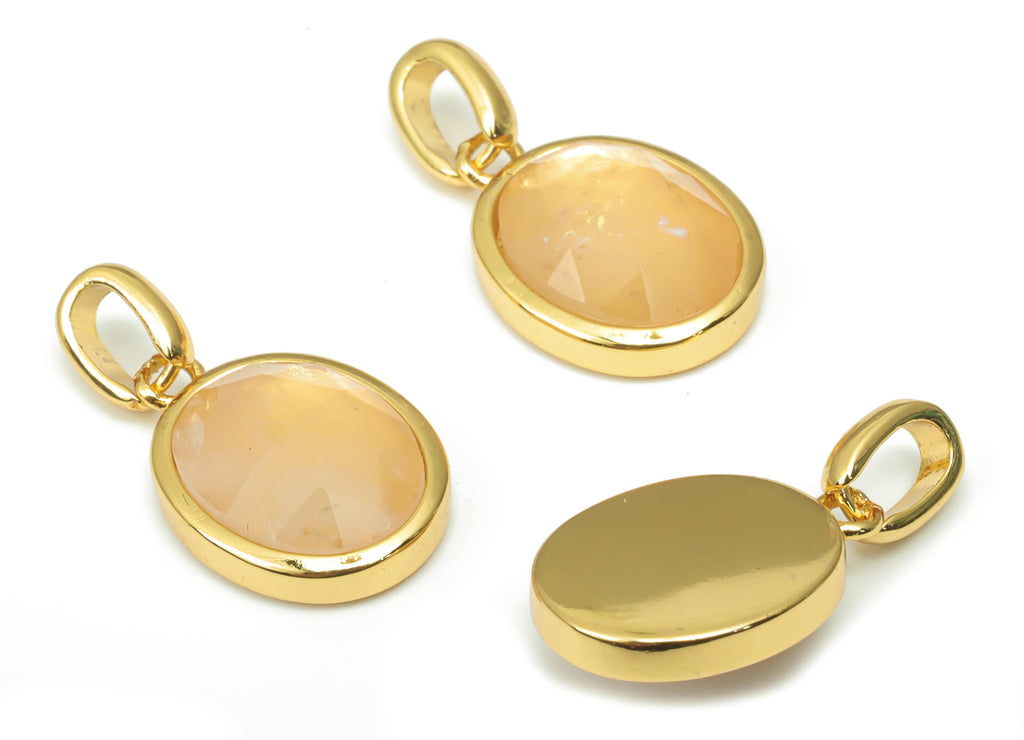 Rose Quartz Faceted Oval Charms With Loop - 10x12mm Natural Stone - Brass Oval Pendant - Gold Tone Plated Brass – 20.33x10.9x4.9mm – NS1670D - DOMEDBAZAAR