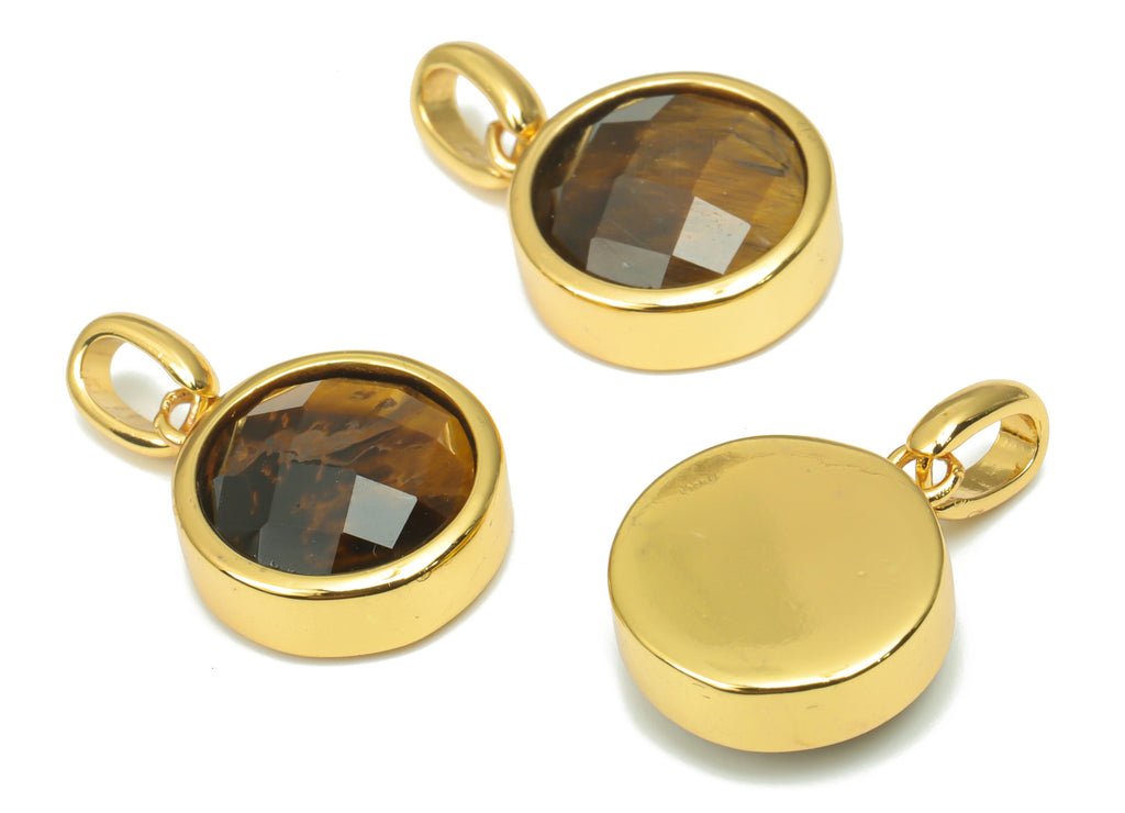 Tiger eye Natural Stone Faceted Round Earring Charms With Loop - Brass Circle Pendant - Gold Tone Plated Brass – 20.07x12.71x5.9mm – NS1666E - DOMEDBAZAAR