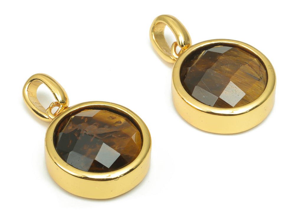Tiger eye Natural Stone Faceted Round Earring Charms With Loop - Brass Circle Pendant - Gold Tone Plated Brass – 20.07x12.71x5.9mm – NS1666E - DOMEDBAZAAR