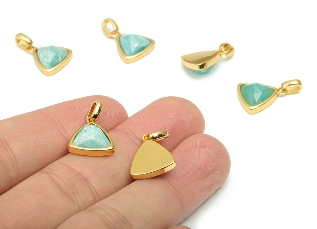 Amazonite Faceted Triangle Charms With Loop - 11mm Natural Stone - Brass Triangle Pendant - Gold Tone Plated Brass – 19.5x12.4x5.7mm–NS1668J - DOMEDBAZAAR