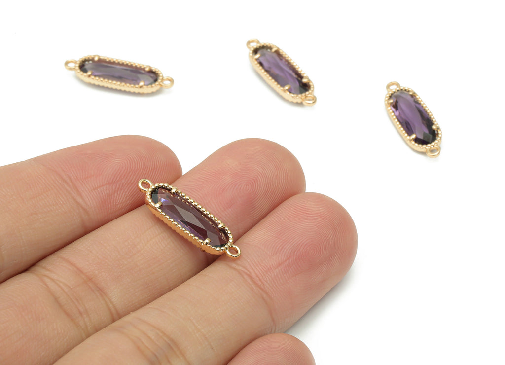 Glass Long Oval Bracelet Earring Connector With Loop - Brass Oval Charms - Gold Tone Plated Brass - Faceted Glass - 20.8x7.1x3.5mm - GS1110A - DOMEDBAZAAR