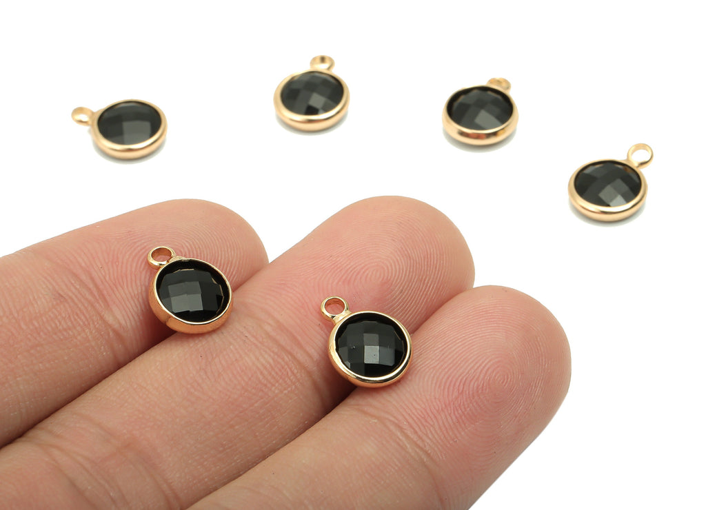 Glass Round Earring Charms With Loop - Brass Circle Frame Pendant - Gold Tone Plated Brass - Faceted Glass - 11.59x8.72x3.75mm - GS1120F - DOMEDBAZAAR