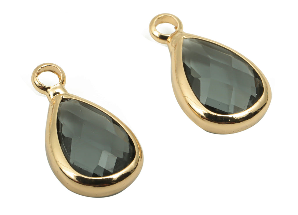 Glass Drop Earring Charms - Brass Teardrop Frame Pendant - Gold Tone Plated Brass - Faceted Glass - 13.82x7.62x3.98mm - GS1121B - DOMEDBAZAAR