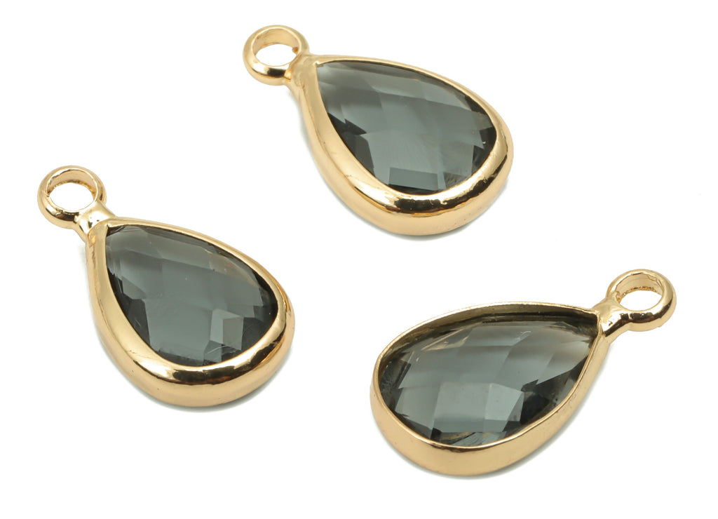 Glass Drop Earring Charms - Brass Teardrop Frame Pendant - Gold Tone Plated Brass - Faceted Glass - 13.82x7.62x3.98mm - GS1121B - DOMEDBAZAAR