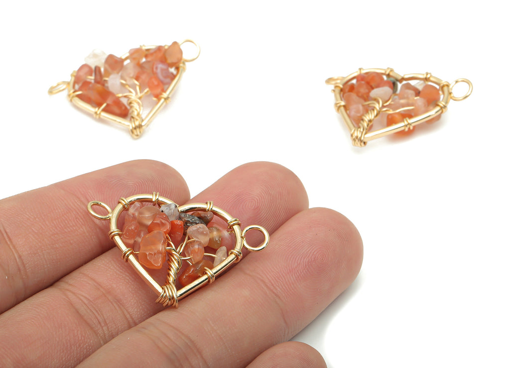 Red Agate Heart Connectors - Brass Wire Wrapped Tree of Life Charms - Natural Stones Chips - Gold Tone Plated Brass – 31.2x24x7.9mm– NS1740E - DOMEDBAZAAR