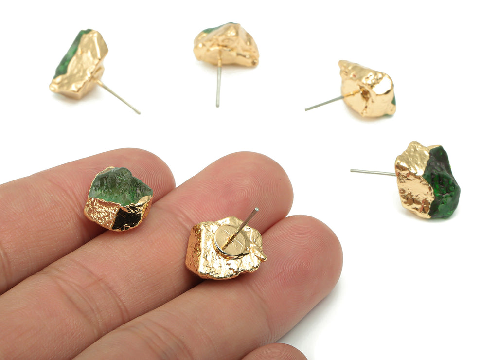 Green Fluonite Raw Stone Earring Stud - Natural Stone Earring Post -  Gold Tone Plated Stone – Stainless Steel Stud - 12x11x8mm – NS1741A - DOMEDBAZAAR