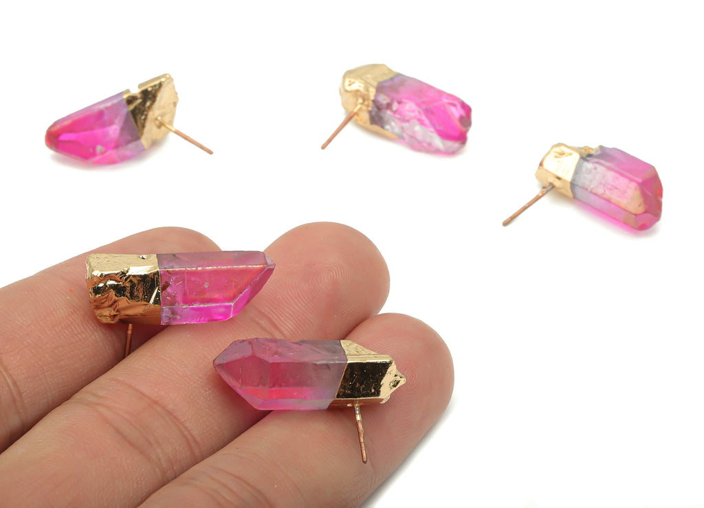 Purple Aura Quartz Crystal Earring Stud - Natural Stone Earring Post -  Gold Tone Plated Stone – Stainless Steel Stud - 24x10x10mm–NS1742D - DOMEDBAZAAR