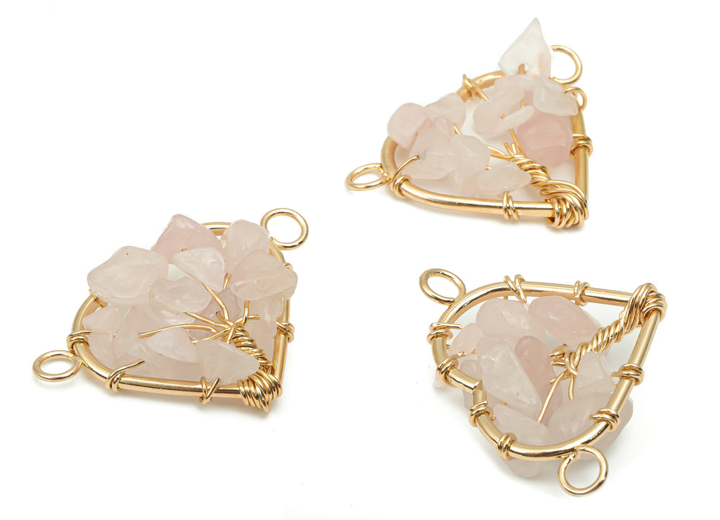 Rose Quartz Heart Connectors - Brass Wire Wrapped Tree of Life Charms - Natural Stones Chips - Gold Tone Plated Brass – 31x24x8mm – NS1740C - DOMEDBAZAAR