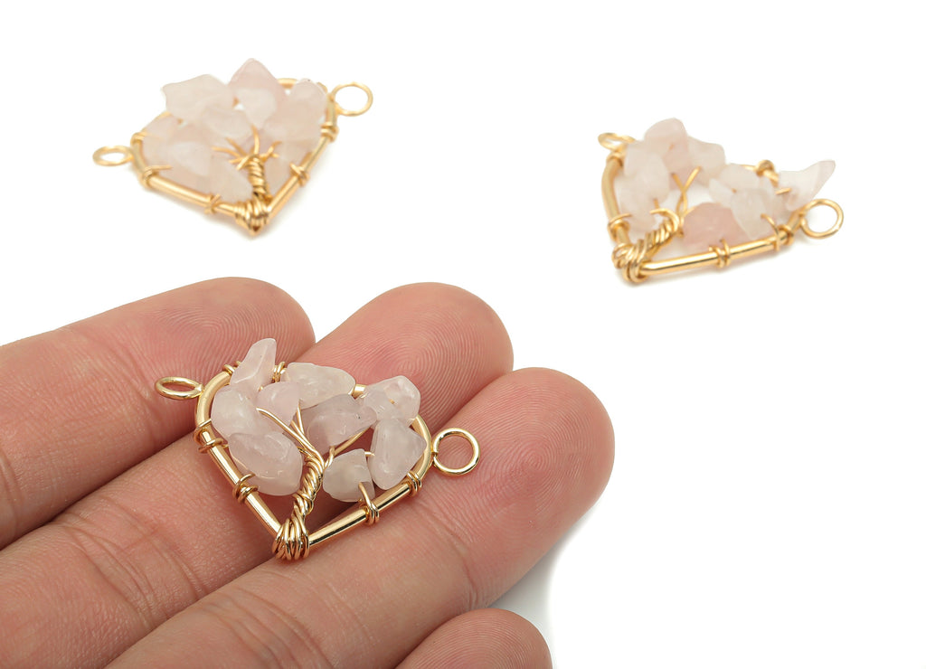 Rose Quartz Heart Connectors - Brass Wire Wrapped Tree of Life Charms - Natural Stones Chips - Gold Tone Plated Brass – 31x24x8mm – NS1740C - DOMEDBAZAAR